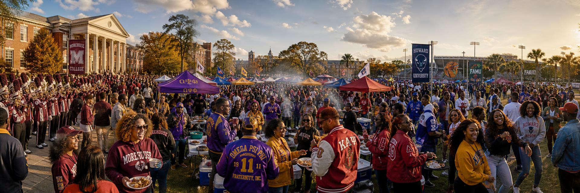 Panoramic view of an HBCU homecoming tailgate spanning several campuses, with marching bands, canopy tents, Greek letter jackets and stadium banners at golden hour